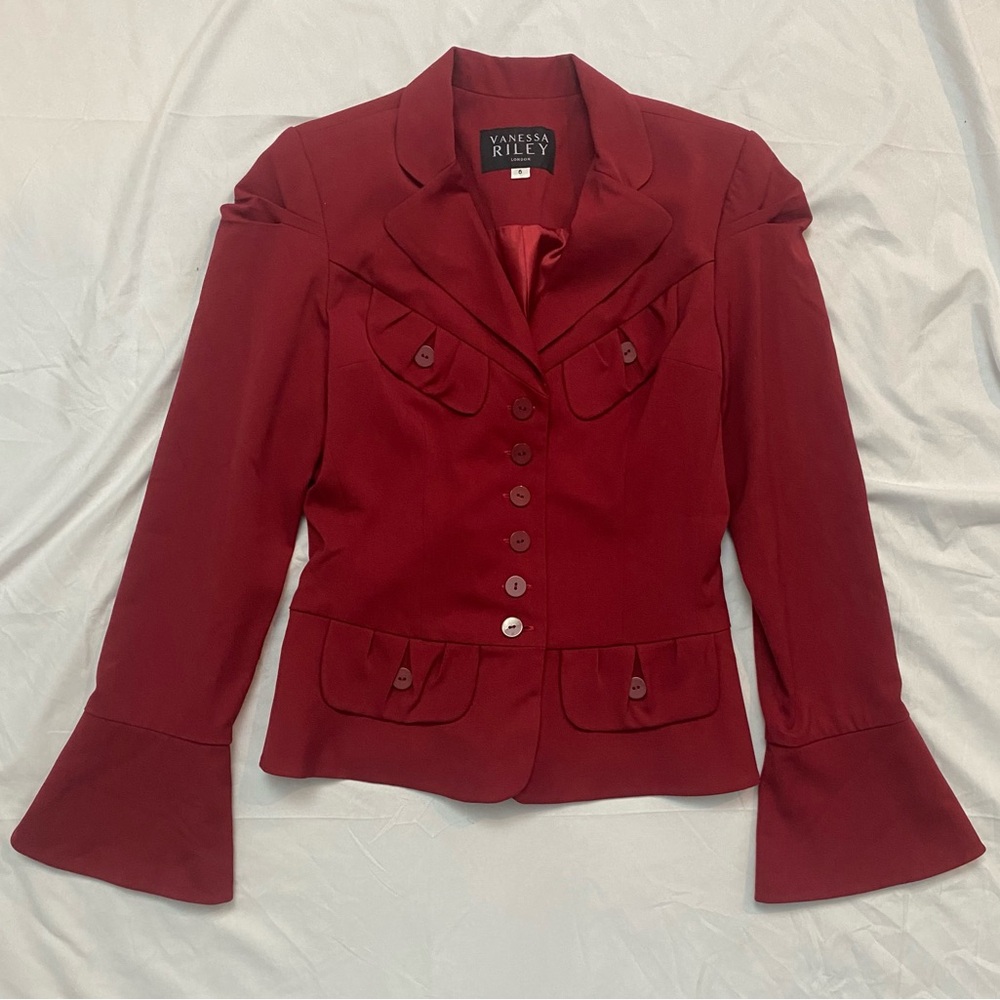 Vintage 80s/90s Red Women's Blazer Jacket with Bell Sleeves, Preppy Office Chic